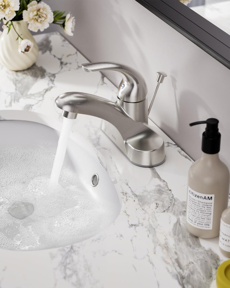 WOWOW Bathroom Faucet 1 Handle Low Arc Single Handle 4 inch Centerset Bathroom Sink Faucet with Pop Up Drain Assembly Basin Mixer Tap Brushed Nickel Vanity Faucets - Image 2